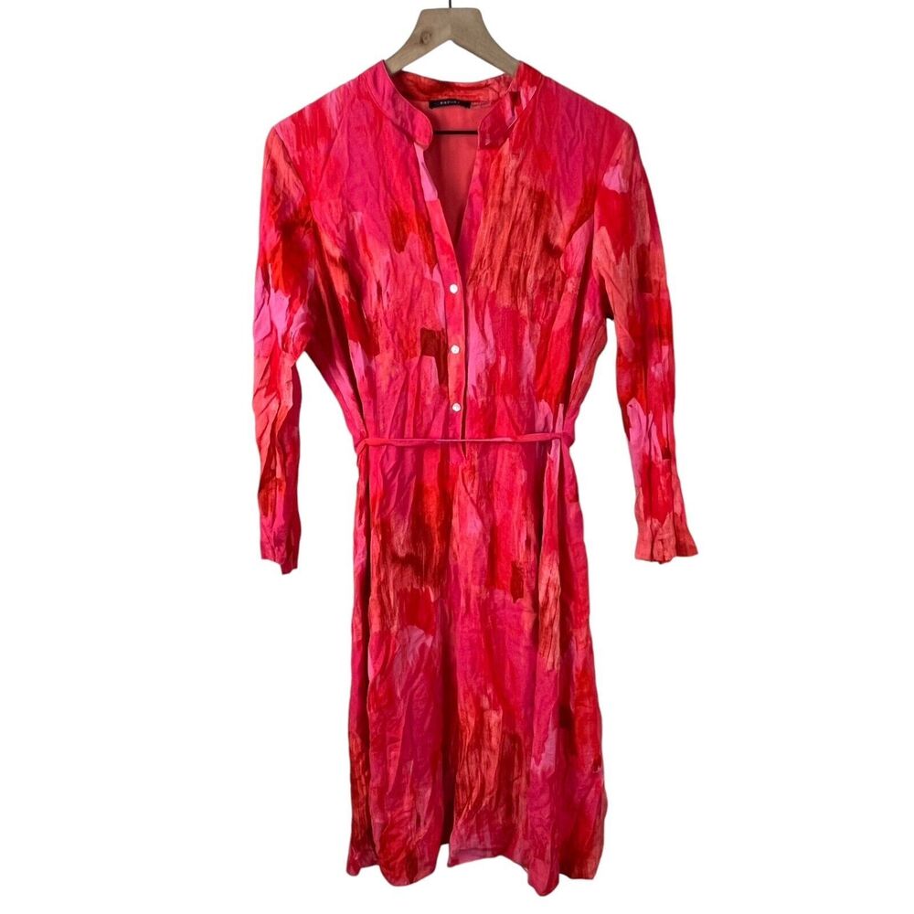Natori‎ Womens 10 Red Orange Floral 3/4 Sleeve Split Midi Length A-line Dress